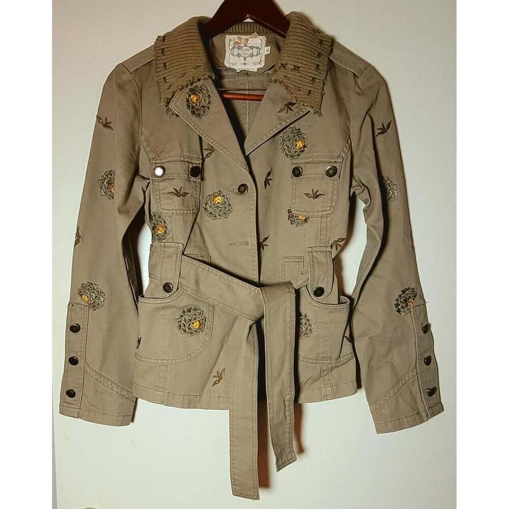Sugar Lips Embroidered Floral Utility Jacket Size M Khaki Beige